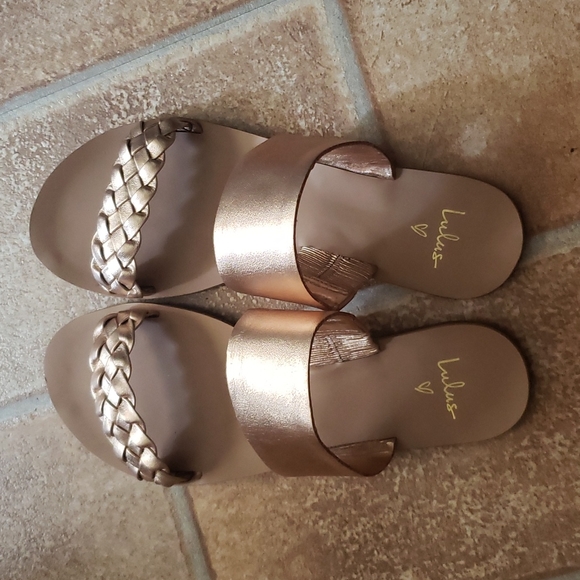 Lulus CAYLEE LEATHER SANDAL ROSE GOLD SLIDE - Picture 2 of 11